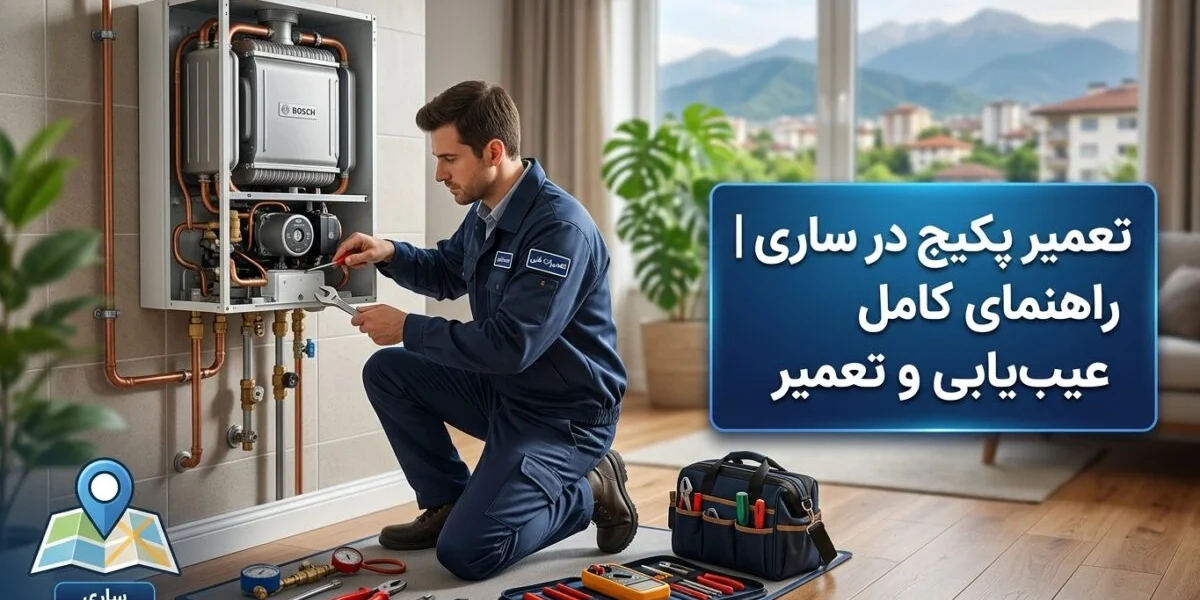 تکنسین در حال تعمیر پکیج در ساری برای خدمات تعمیر پکیج در ساری