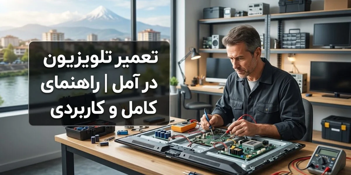 تکنسین در حال بررسی تلویزیون برای تعمیر تلویزیون در آمل